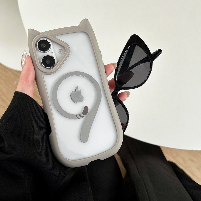 Three-Dimensional Cat Ears and Tail Magnetic Case Suitable for iPhone 17 Pro Transparent Acrylic Phone Case Apple 16 Set