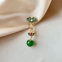 新中式复古金属立体浮雕流苏点翠玉如意胸针宫廷风旗袍服饰别针