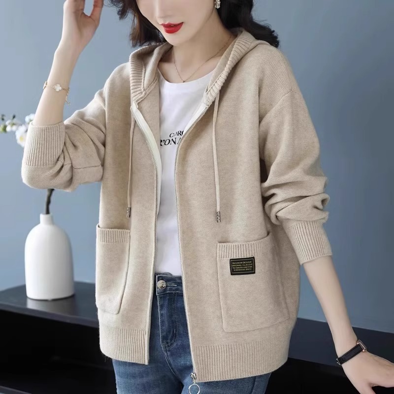连帽毛衣外套女宽松拉链针织开衫2025春季女装带帽卫衣春秋外搭潮|undefined