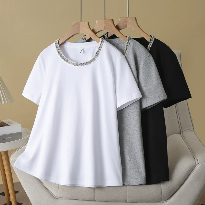 Лето 2025, футболка большого размера, с короткими рукавами, кружевная, с круглым вырезом, простая повседневная хлопковая рубашка, утягивающий топ для полных девушек, 3067