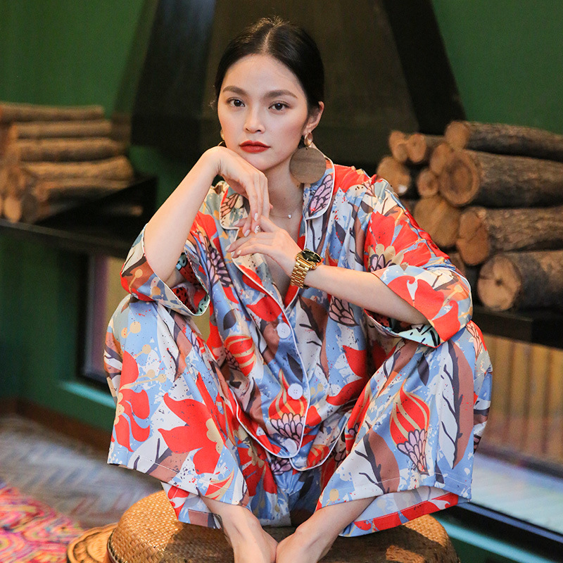 Long-sleeved Pajamas Women's Spring And Autumn Fashion High-end Printing Two-piece Suit Can Be Worn Outside Loose Simulation Silk Homewear Suit