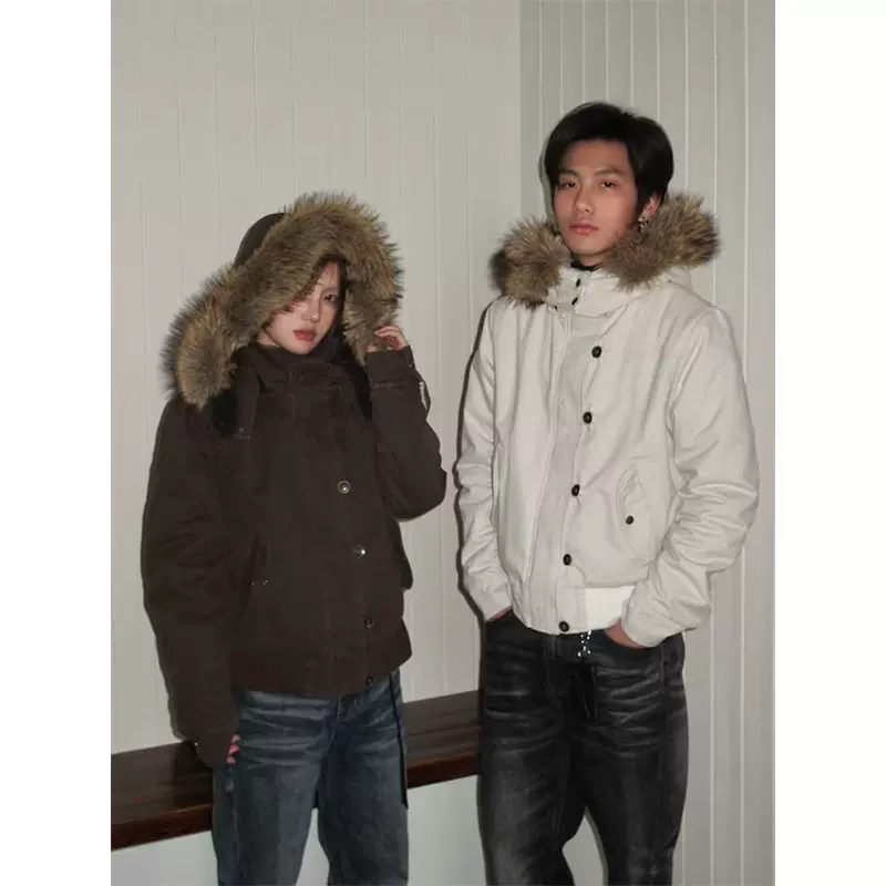 EME易盛易 重水洗中式座山雕剪裁解构连帽毛领夹克冬季外套宽松型