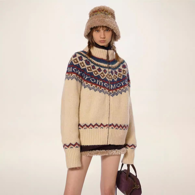 Fair Isle Retro Sweater Women's Winter 2025 Thickened Turtleneck Knitted Cardigan Loose Lazy College Jacket