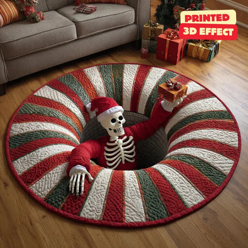 Rond tapijt met kerstmanmotief voor de grensoverschrijdende kerst, geschikt voor de woonkamer, vlekbestendig, feestdecoratie en als banktapijt._voghion.com