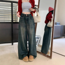 实拍2025秋冬新款女式加绒加厚直筒阔腿拖地口袋牛仔裤女