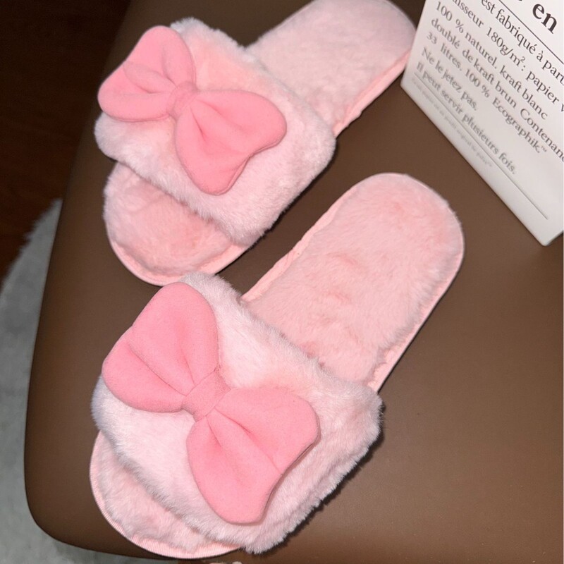 Cross-Border Dropshipping Christmas Style Bowknot Furry Slippers for Women Open-Toe Non-Slip Home Cotton Slippers Wholesale