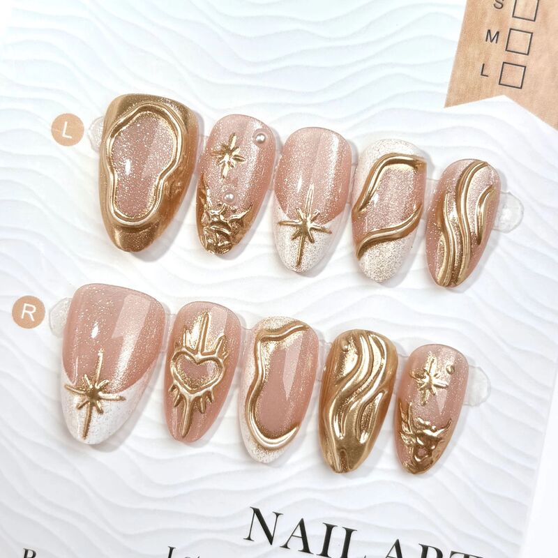 30 pieces of gold-plated, sparkling, short almond-shaped press-on nails in a French style, enhancing fair skin tone, with a golden finish, offering a high-end, pure and desirable look 30 pieces of gold-plated, sparkling, short almond-shaped press-on nails in a French style, enhancing fair skin tone, with a golden finish, offering a high-end, pure and desirable look