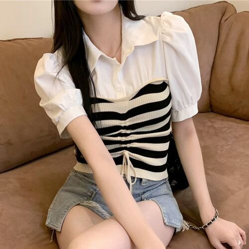 Temperament French shirt Striped knitted short-sleeved shirt for women's summer design niche drawstring bubble sleeve short top