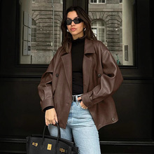 冬季复古棕色皮衣女欧美高级感宽松西装领皮革外套中长款大衣女装