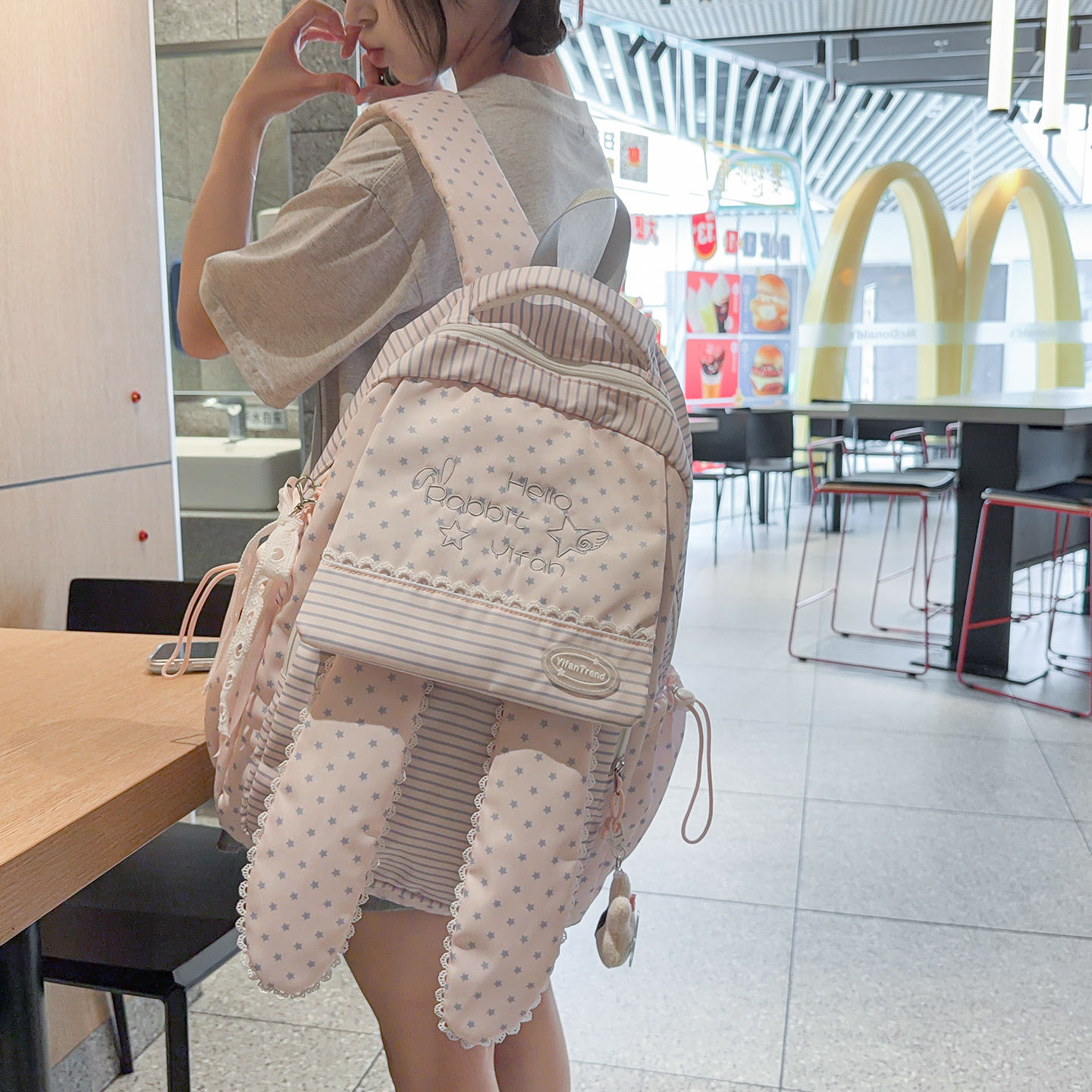 High-Looking Striped Star Double Backpack, Cute School Bag for Middle and High School Students, Female Commuter Outdoor Leisure Travel Bag