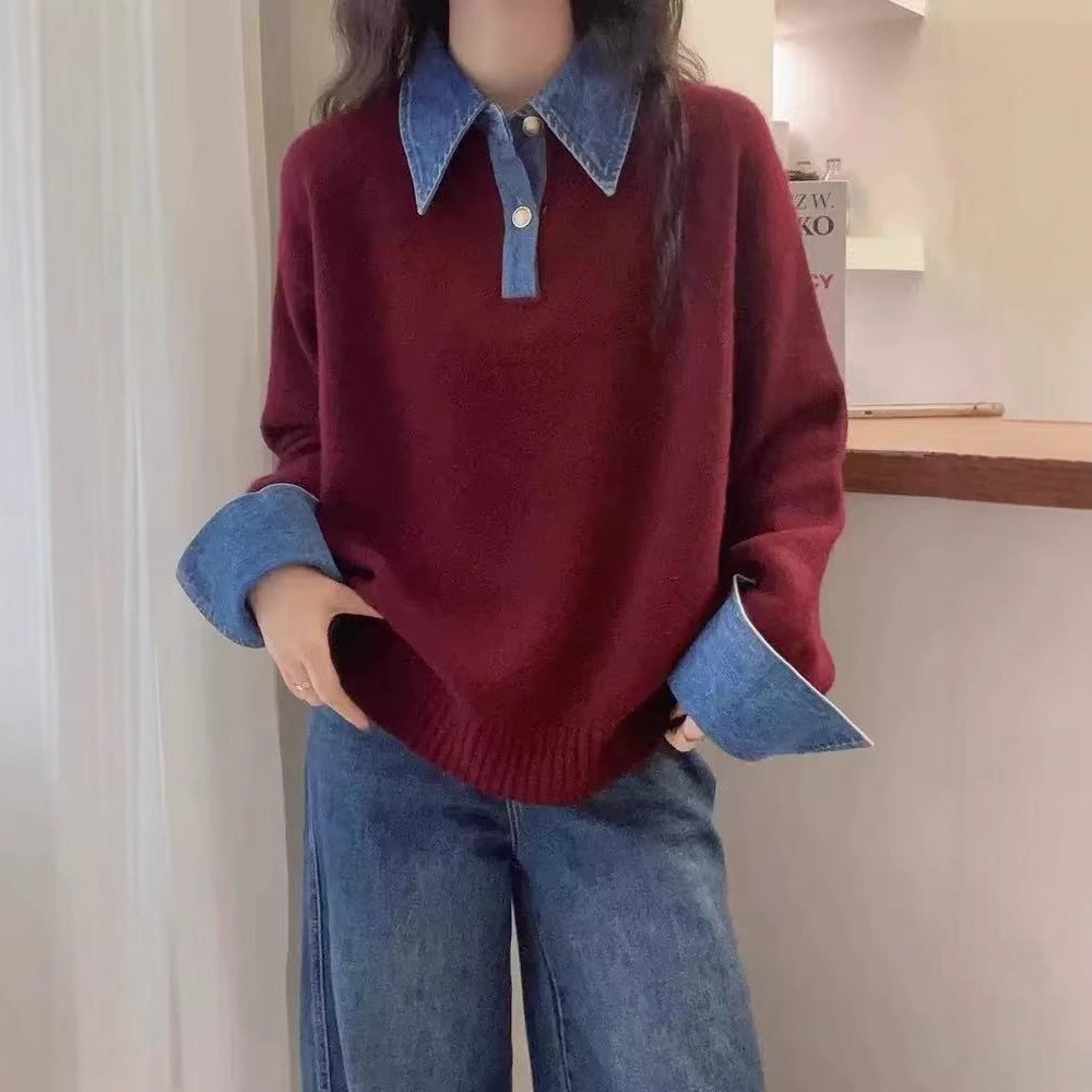 봄과 가을 새로운 스타일 심플하고 다재다능한 칼라 데님 스플리싱 루즈한 기질 폴로 칼라 작은 사람들을 위한 니트 게으른 스타일 새로운 스타일