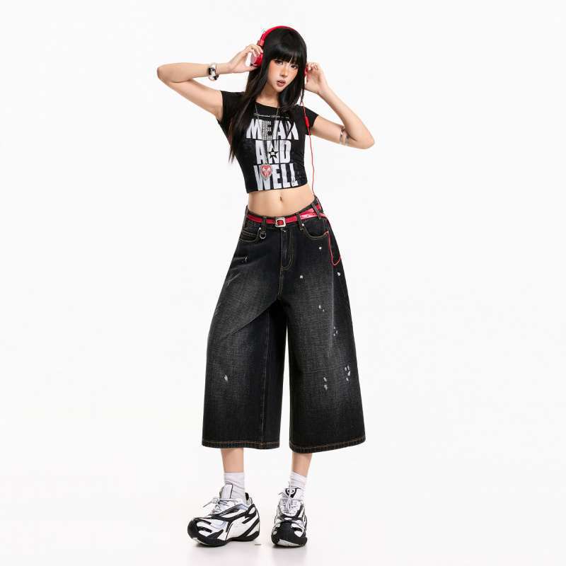 In-Stock Wholesale Women's Wide-Leg Cropped Jeans American Retro Washed Style
