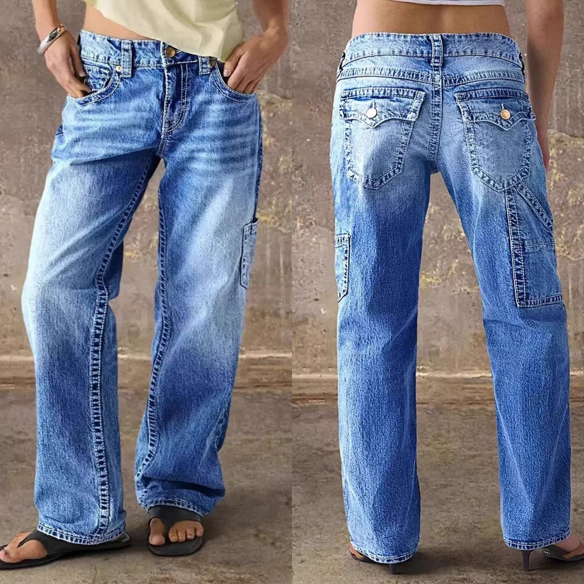 European and American Cross-Border Foreign Trade Temu Spring and Autumn Women's Jeans High Street Fashion Brand Loose Wide-Leg Straight Women's Jeans