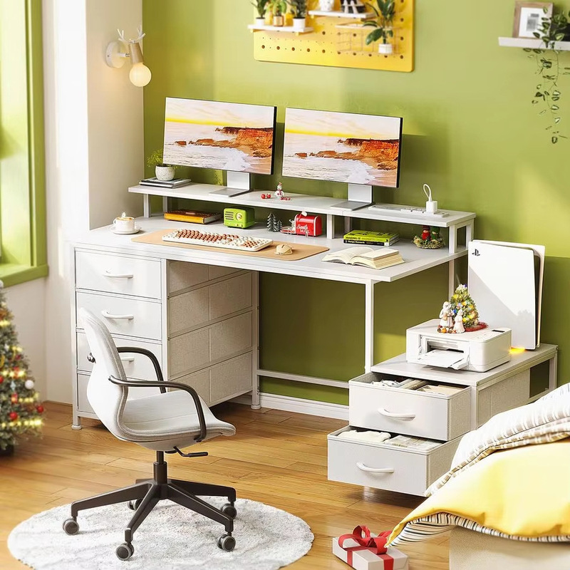 Cross-Border Manufacturer Amazon's Best-Selling Office Desk with 6 Drawers, Printer Area, and Light Strip, Guangzhou Source Computer Desk