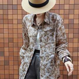 2026早春新款时尚复古风百搭慵懒狗牙苎麻印花衬衣185