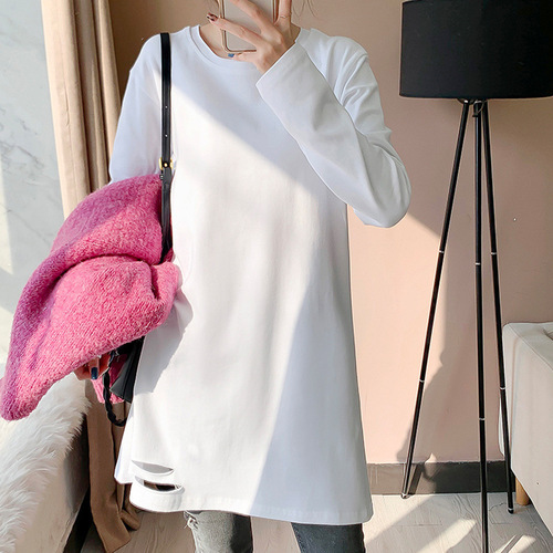 Women's Loose and Slimming Long Sleeve T-shirt with Holes, Mid-Length, Innerwear, 2025 Autumn/Winter, Fleece Lined and Thickened Crew Neck Top