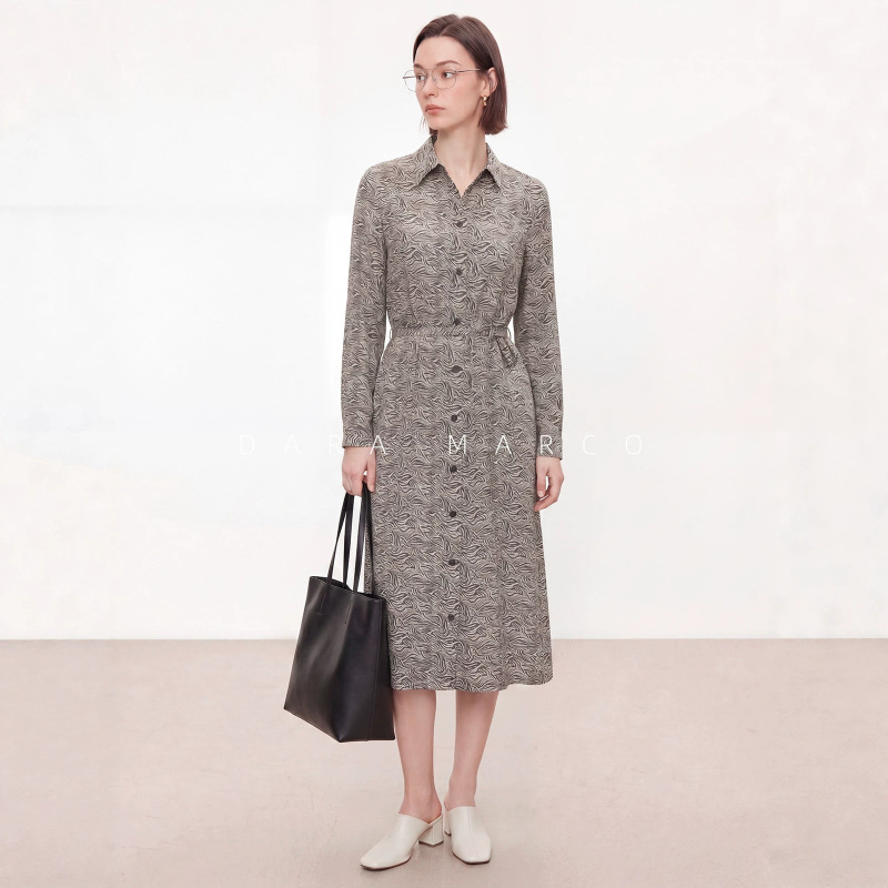 Ms*H Zebra Print Textured Tie-Waist Dress Nordic Style Long-Sleeve Shirt-Style A-Line Buttoned Long Dress for Work Ms*H Zebra Print Textured Tie-Waist Dress Nordic Style Long-Sleeve Shirt-Style A-Line Buttoned Long Dress for Work