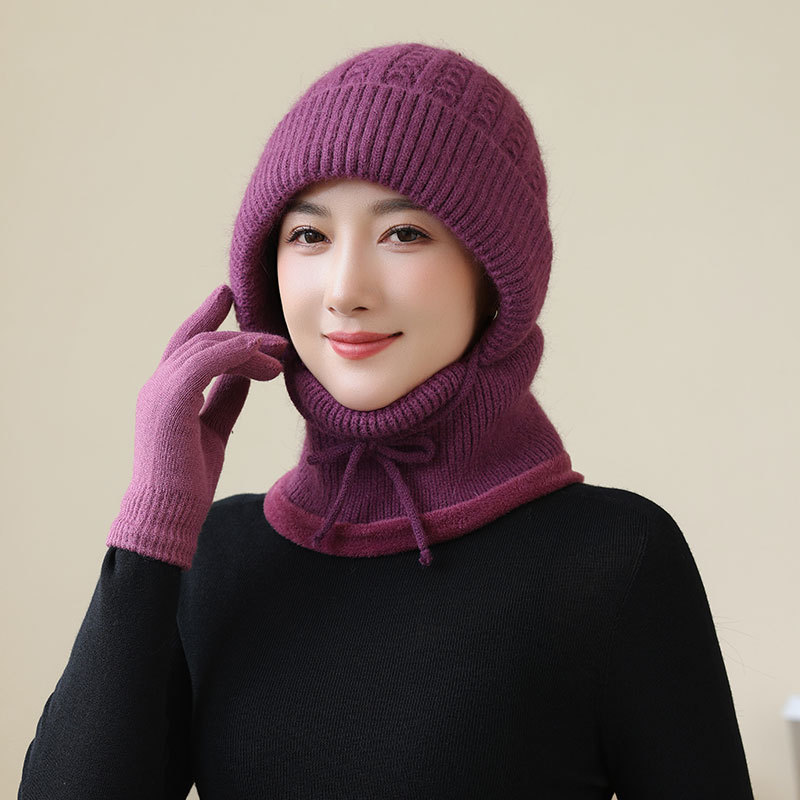 兔毛针织口罩帽子中老年人加绒保暖一体帽女妈妈冬防寒围脖连体帽|undefined