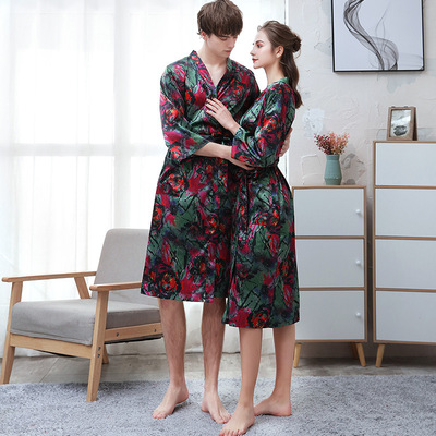 情侶冰絲浴袍女情侶浴袍印花仿真絲睡袍居服睡袍夏季薄款男士大碼