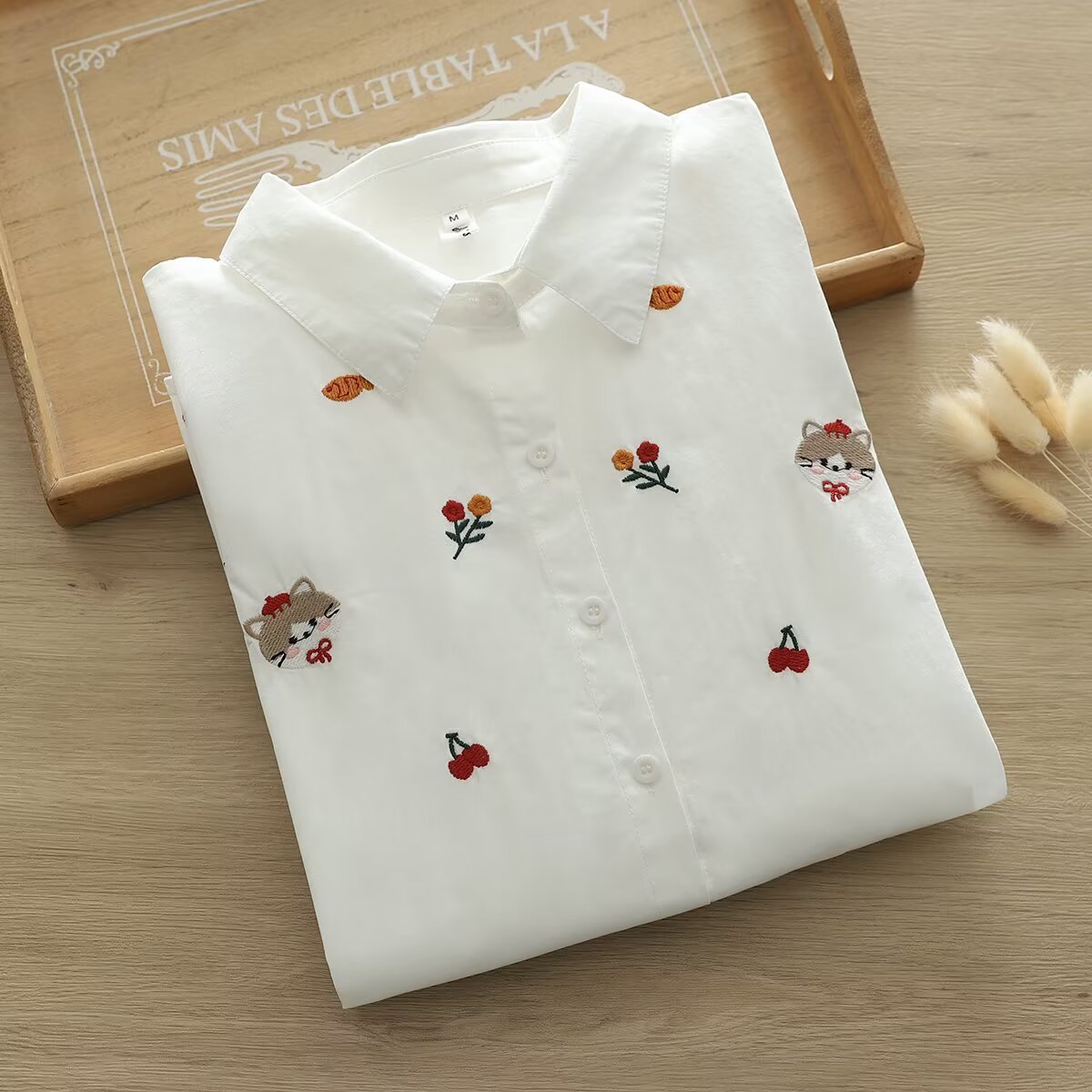 2025春秋季新款小清新精美狐狸刺绣纯色衬衫 女长袖全棉衬衣批发