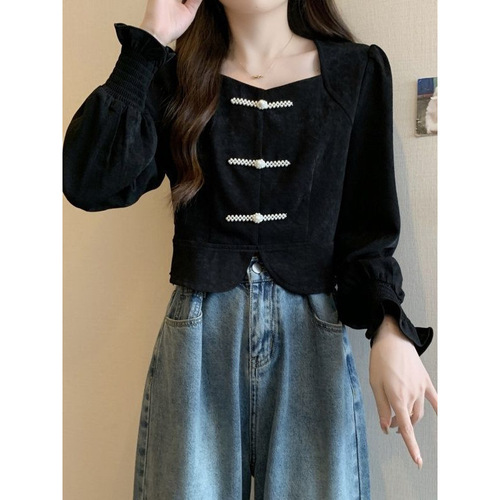 Larger size long-sleeved women's shirt for early autumn, 2025 Chinese style, national wind red, distinctive, slimming, covering the stomach, temperament top