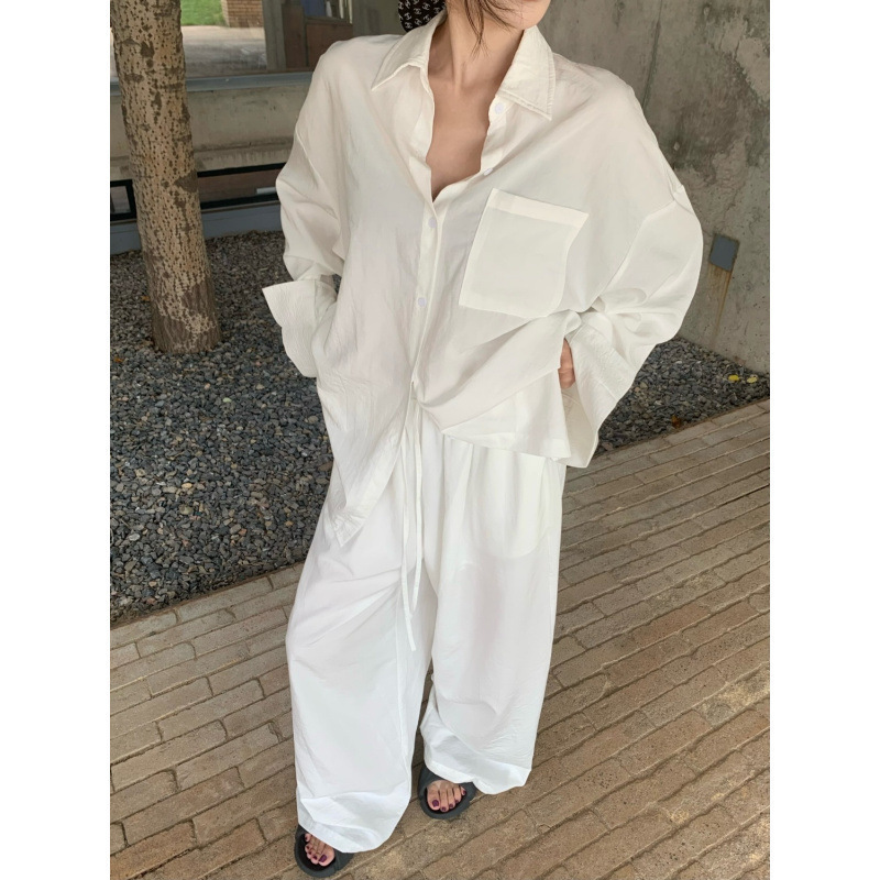 Elegant White Linen Polo Collar Shirt Top Loose Suit Women's Summer Casual Wide-Leg Pants Two-Piece Set