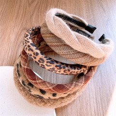 秋冬新款奶咖色海綿豹紋高顱頂發箍女甜美格紋發卡親子款外出頭箍