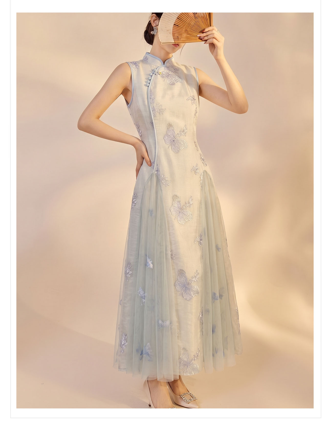 Váy dài không tay nữ tính dáng maxi — màu xanh nhạt chi tiết 12