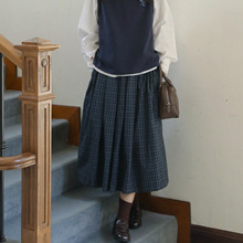 实拍 2025秋季新款日系文艺森系气质格纹百褶裙中长款半身裙子女
