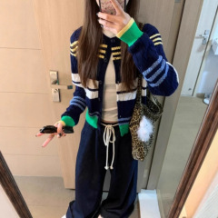 美式复古条纹撞色拼接针织开衫女秋冬新款慵懒风休闲毛衣外套上衣