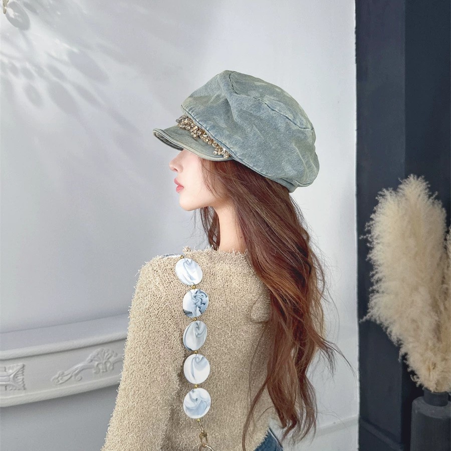 Chapéu octogonal feminino com aba alta e strass, ideal para outono e inverno, adequado para cabeças grandes, quente e com estilo vintage._voghion.com
