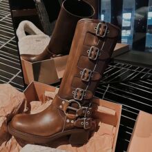 牛皮版~真皮棕色miu长筒靴女易梦玲同款靴子西部牛仔美拉德骑士靴