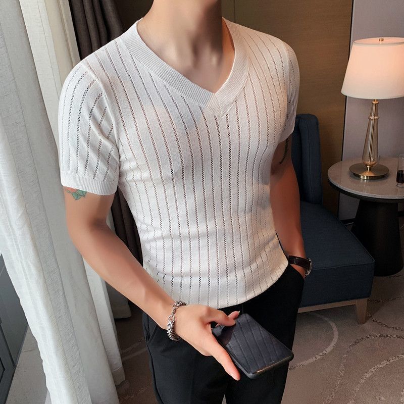 夏季薄款针织衫v领短袖T恤男纯色上衣韩版紧身半袖体恤打底衫