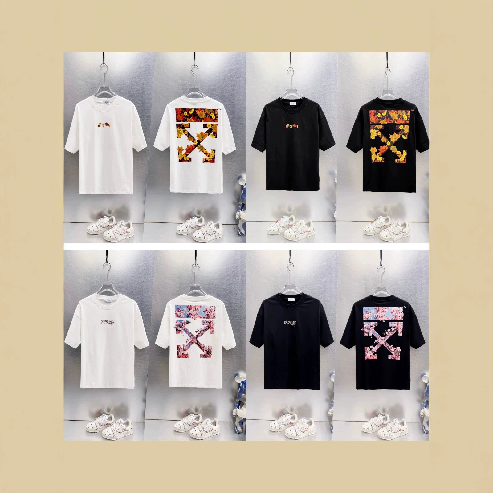 High-Quality Foreign Trade Off Cross Arrow Pattern with Maple Leaf and Yellow Chrysanthemum Oil Painting Print Overlay and High-Definition 3D Embroidery T-Shirt