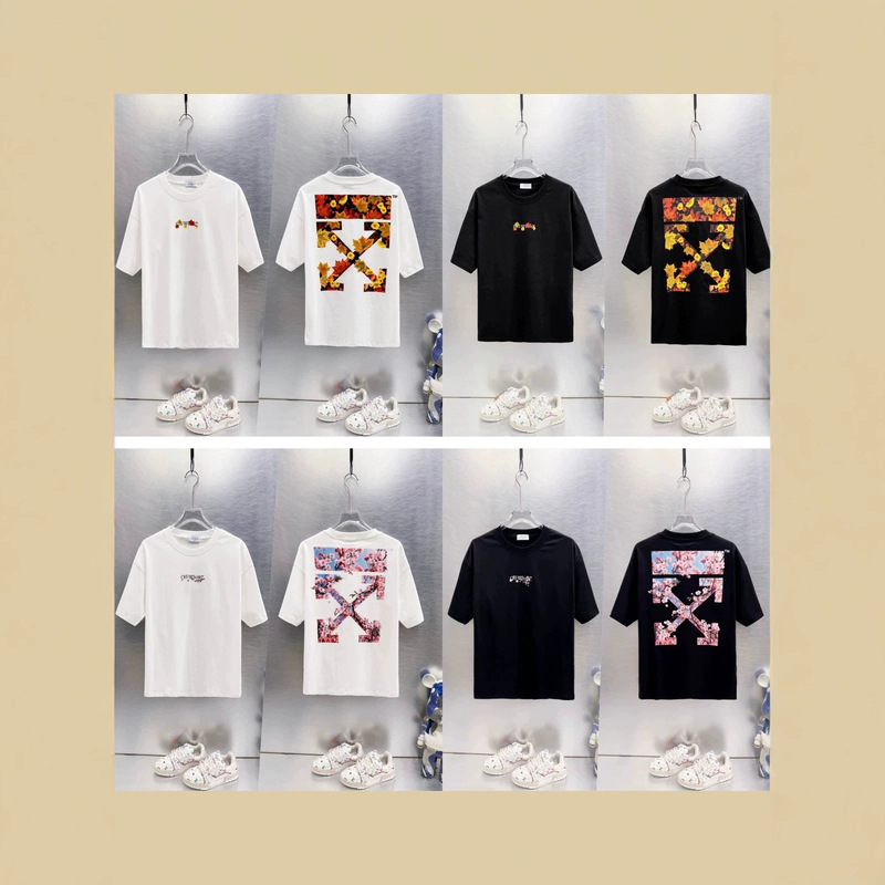 High-Quality Foreign Trade Off Cross Arrow Pattern with Maple Leaf and Yellow Chrysanthemum Oil Painting Print Overlay and High-Definition 3D Embroidery T-Shirt