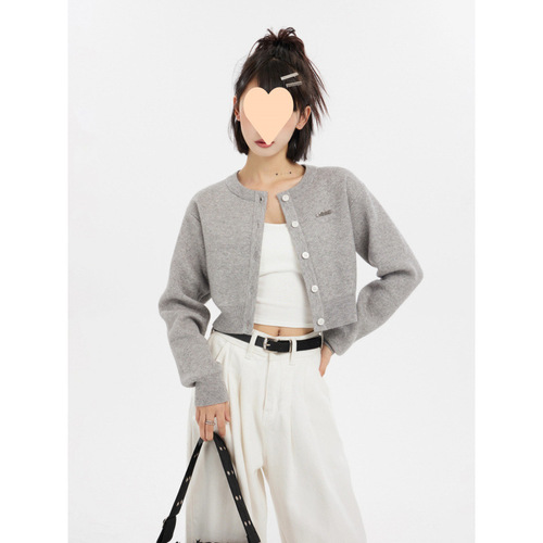 Grey Short-Sleeve Square-Shoulder Knit Cardigan Women's Spring Early Autumn 2025 Petite Size Outerwear Thin Top for Layering