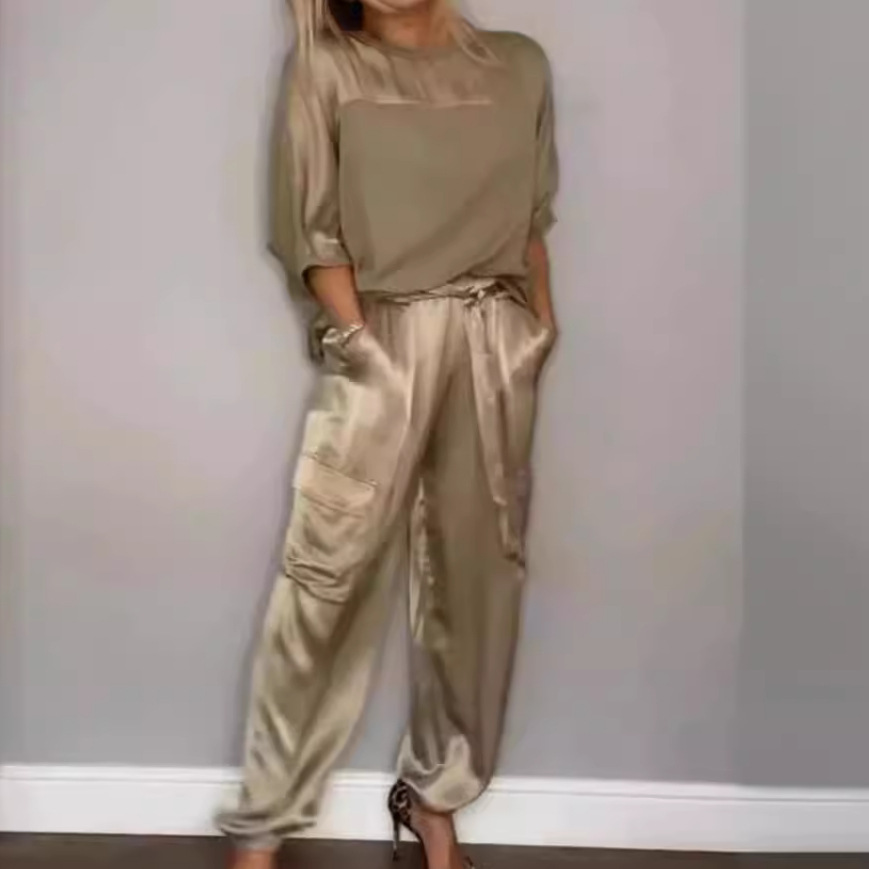 Ensemble deux pièces en Satin lisse pour femmes, couleur unie, manches 5/4, nouvelle mode printemps et automne_voghion.com