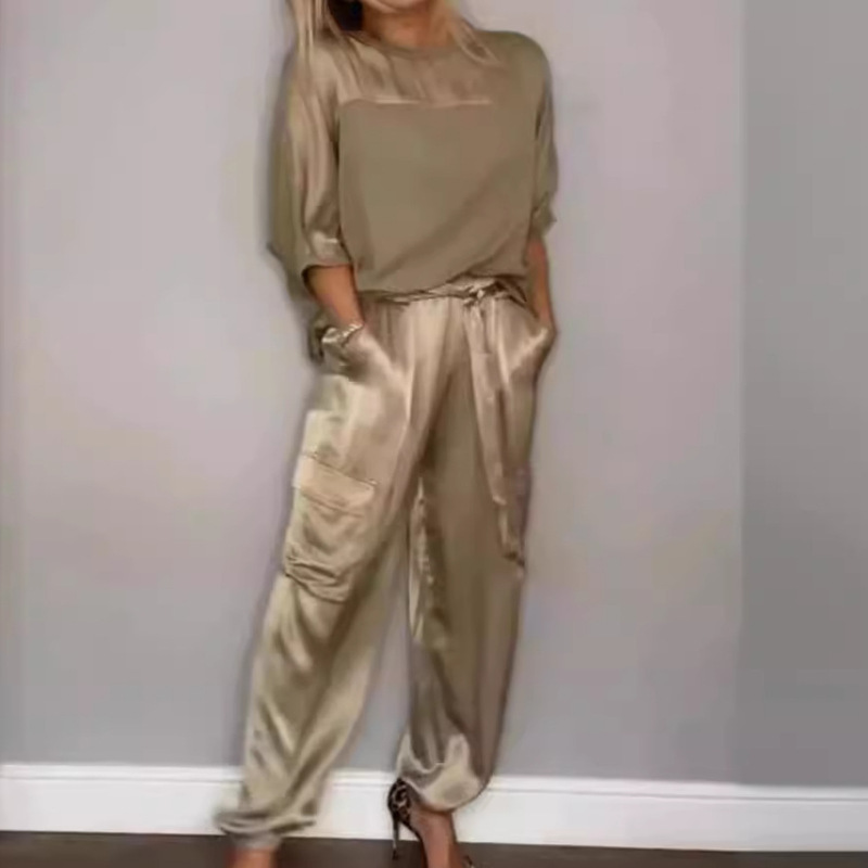 Amazon Europe and America Spring and Autumn New Cross-border Fashion Women's Solid Color Smooth Satin Half Sleeve Top Two-piece Set