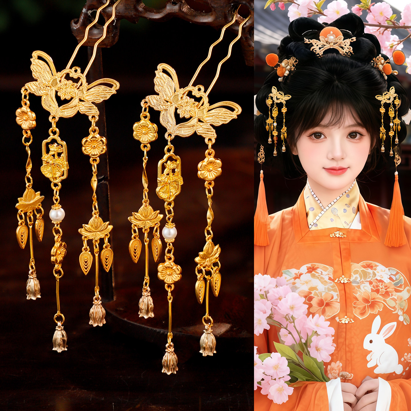 古风气质金色蝴蝶发钗汉服长流苏步摇雕花花朵配饰宫廷风古装发饰