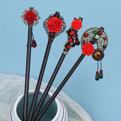 Hairpin with red rose hair flowers, traditional Chinese style hair accessories for women, suitable for qipao and Hanfu.