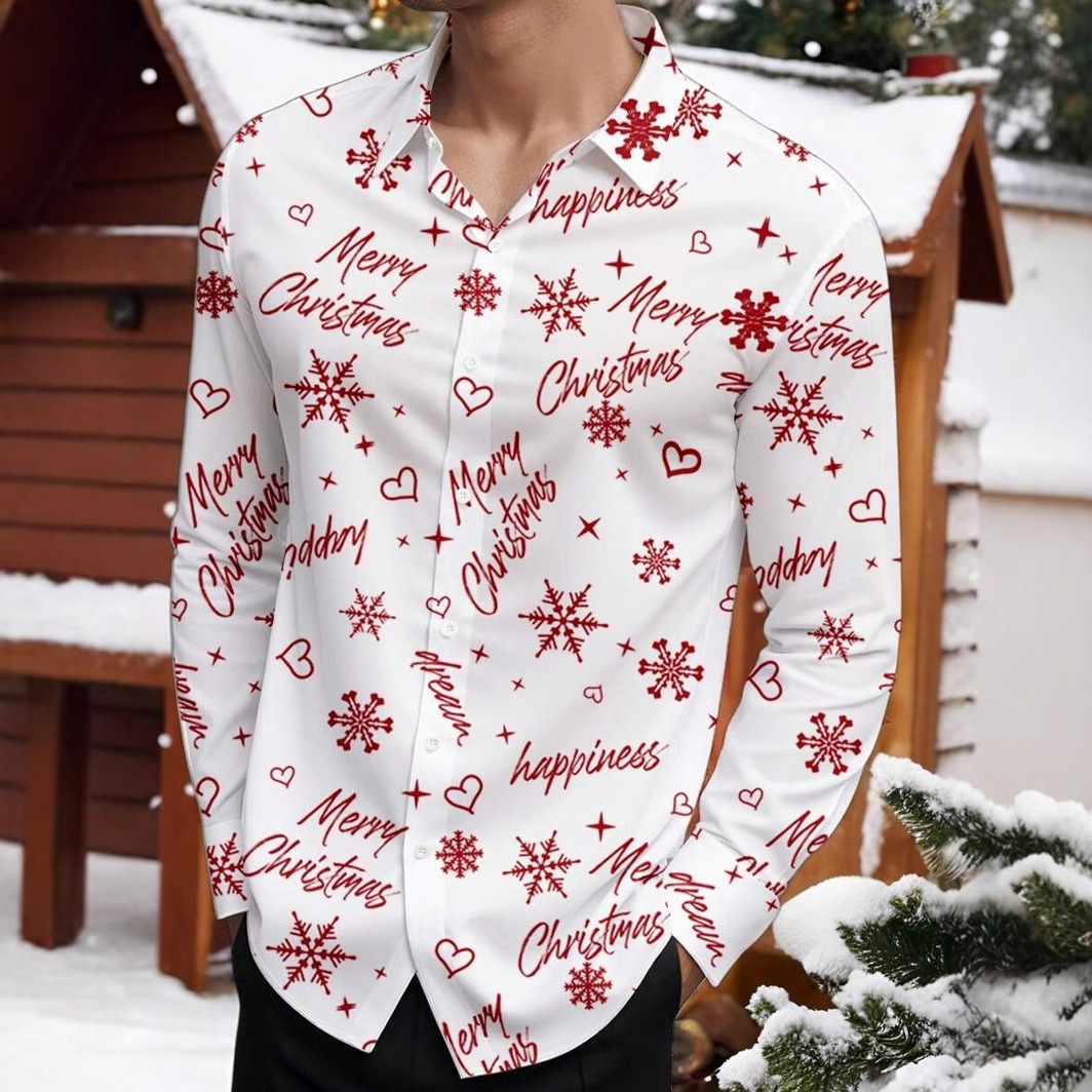 Romántico Navidad brillante copo de nieve 3D estampado hombre casual salvaje calle de manga larga solapa camisa con botones