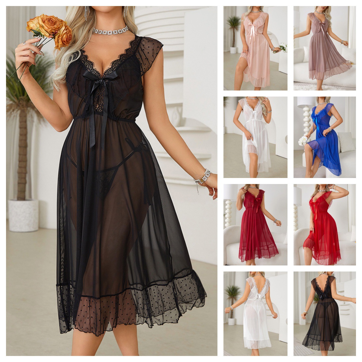 Camisón de Encaje Transparente con Estampado de Lunares Estilo Europeo y Americano Mufei, Multicolor, Cuello en V, Ropa de Dormir Sexy, Talla Grande, Ropa de Estar en Casa 666