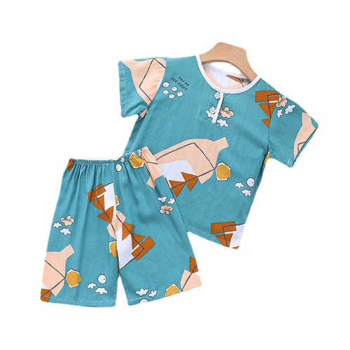 Children's Summer Pajama Set for Boys and Girls, Cotton Silk Home Wear Suit, Thin for Baby, Long Sleeve Air Conditioning Shorts