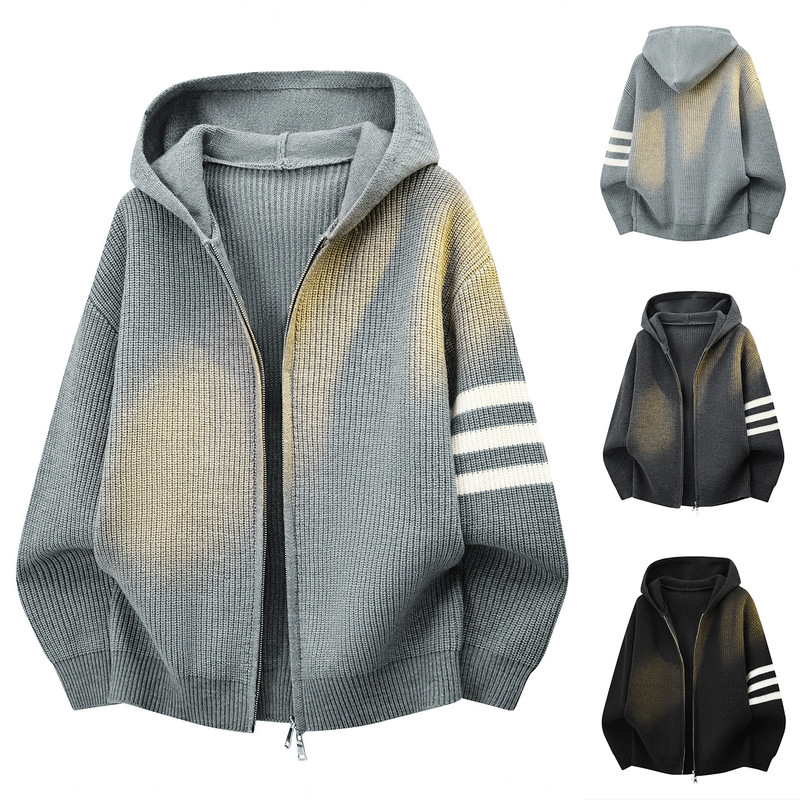 New autumn and winter hooded knit sweater for men, three-stripe cardigan jacket, old money style, cross-border factory wholesale