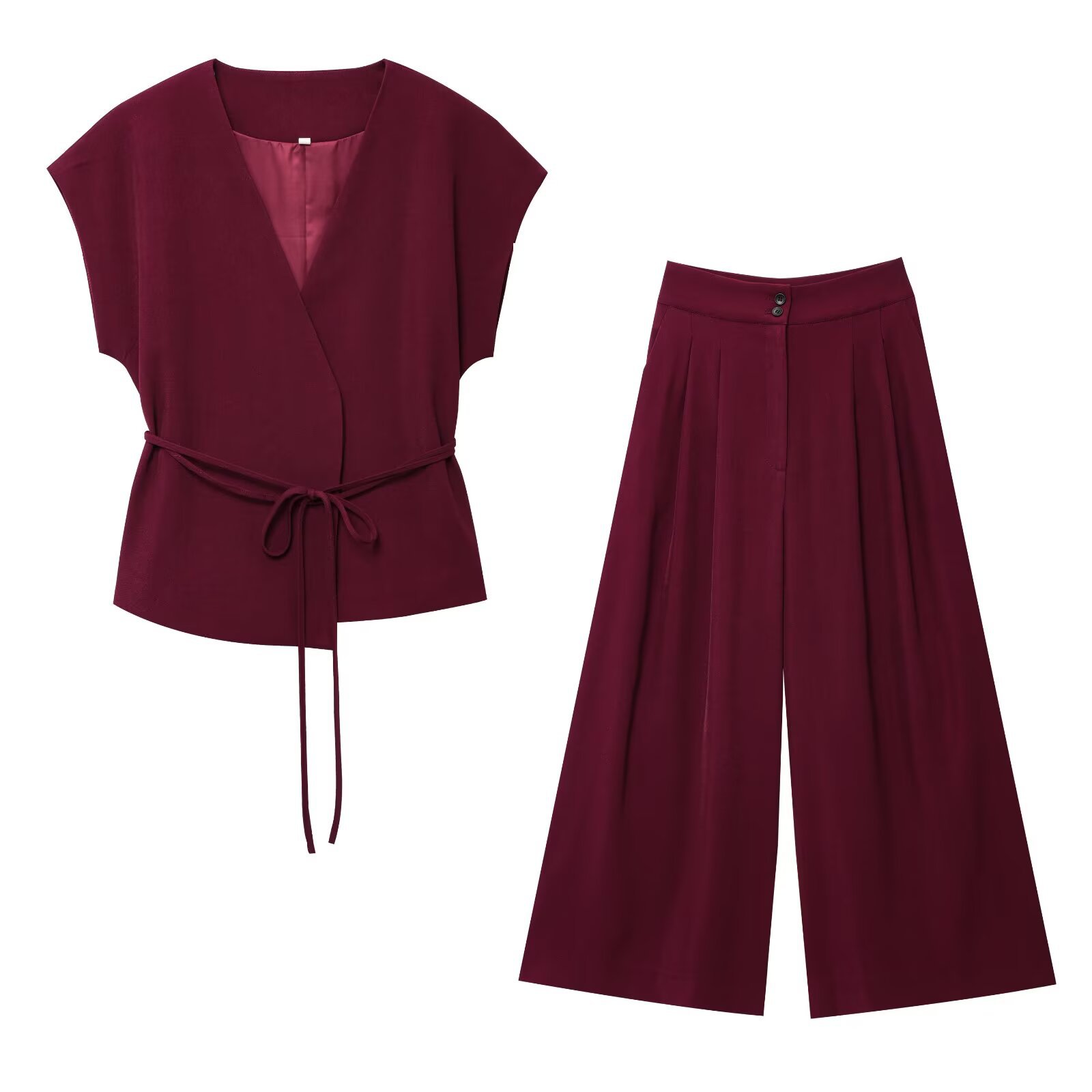 Cross-border Foreign Trade Women's Clothing 2025 Summer European And American Style V-neck Tie Top + Pleated Pants Set_ecoleips.com