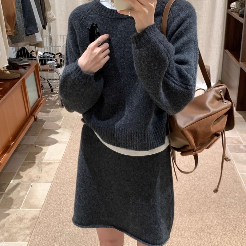 BRLWIN韩系通勤灰色针织半身裙女装2025秋新款复古百搭半裙呢子|undefined