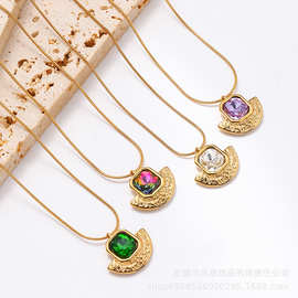 欧美时尚纹理不锈钢扇子镶钻设计感吊坠项链个性跨境项饰工厂批发