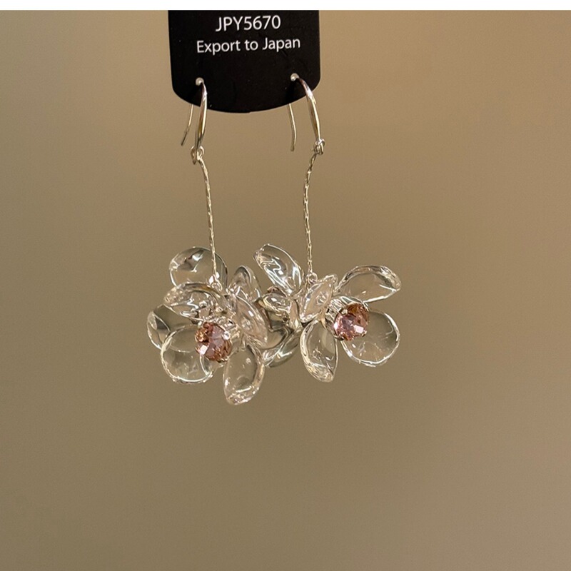 Korean New Style Ice-Transparent Diamond-Encrusted Resin Flower Earrings, Long, Fashionable, Sweet, Fresh, High-End and Elegant Ear Hooks