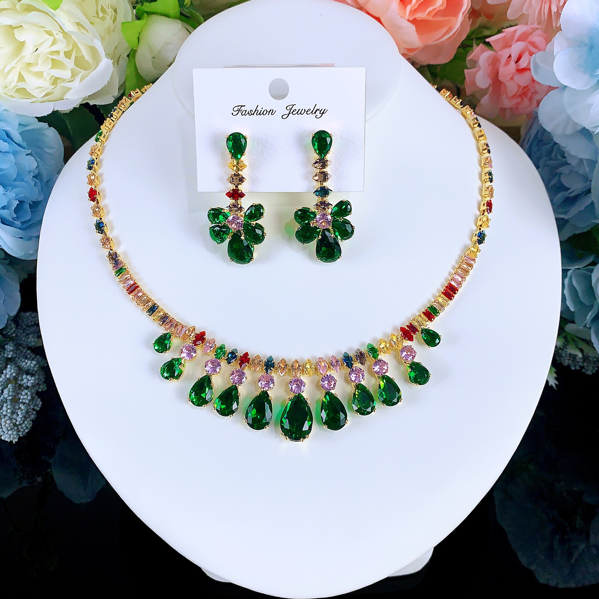 Collar de color de la industria pesada amazona orejas joyas set de moda de lujo vestido de novia cena joyas de zircon mujer image 22