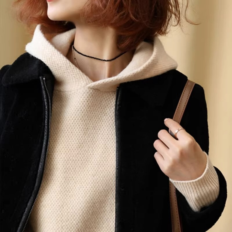 2023 Cashmere Hooded Sweater with Coat Women's Fashion Loose Wool Knitted Hooded Bottoming Sweater Full Color